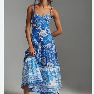 FARM Rio Full of Flowers Sweetheart Blue and White Tiered Dress